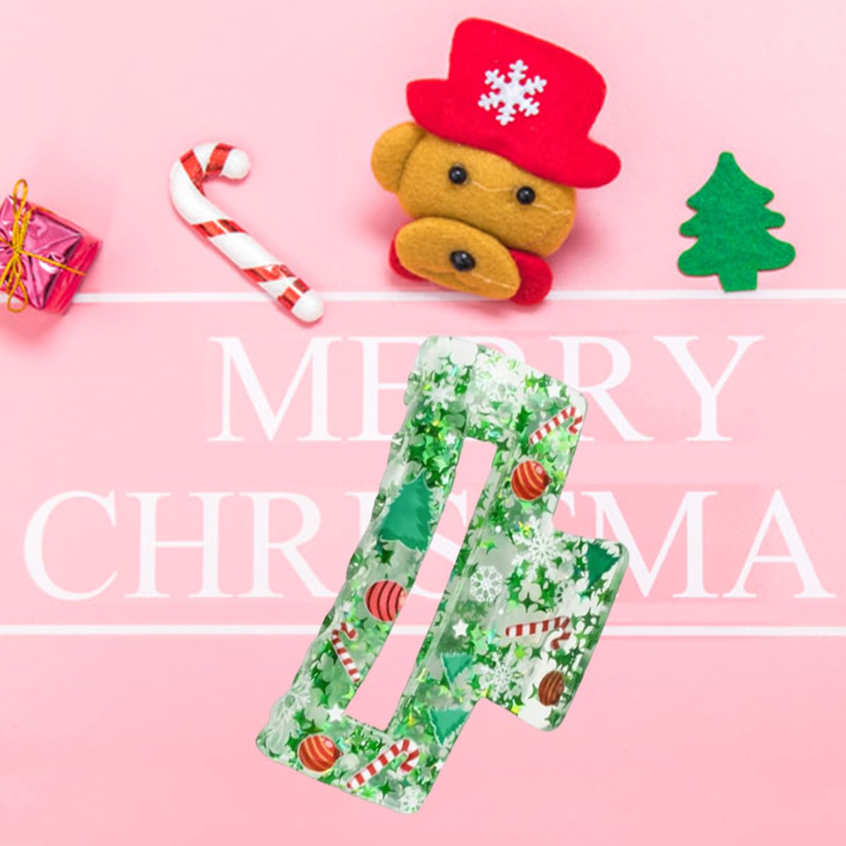 French Star Design Acrylic Square Large Hair Claw Clip - Green Christmas Tree Bell Winter Hair Claw Clips for Women - Thick & Thin Hair Accessories - 1Pcs - Image 6