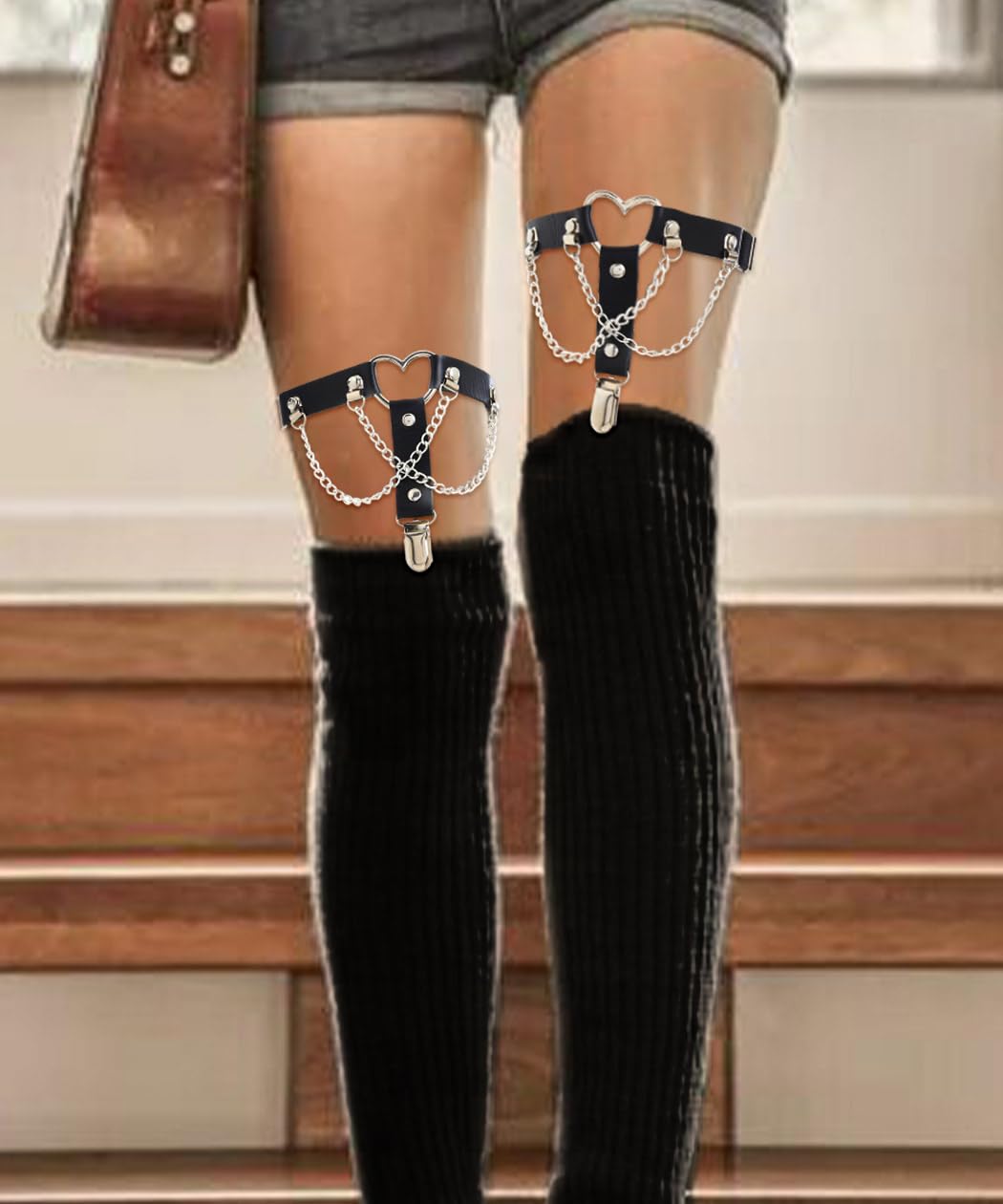 Thigh High Garter Belt Adjustable Rock Heart Gothic Leg Suspender Belts Rave Party Thigh Lingerie for Women(2 PCs)