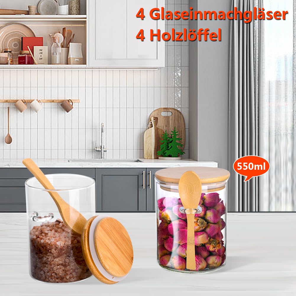 Set 4 Barattoli In Vetro Con Coperchio 500ml - Per Conservare Spezie, Caffè, Zucchero | Con Cucchiaio Ed Etichette - Foto 12