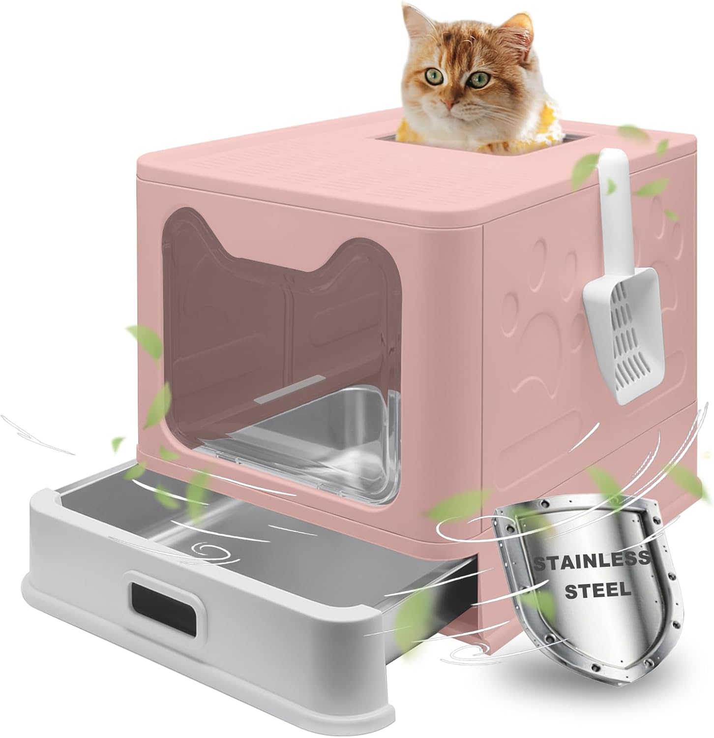 Stainless Steel Litter Box, Foldable Enclosed Cat Litter Box with Lid, Large Top Exit Design with Pull-Out Drawer & Scoop, Easy Clean Odor Control -Pink