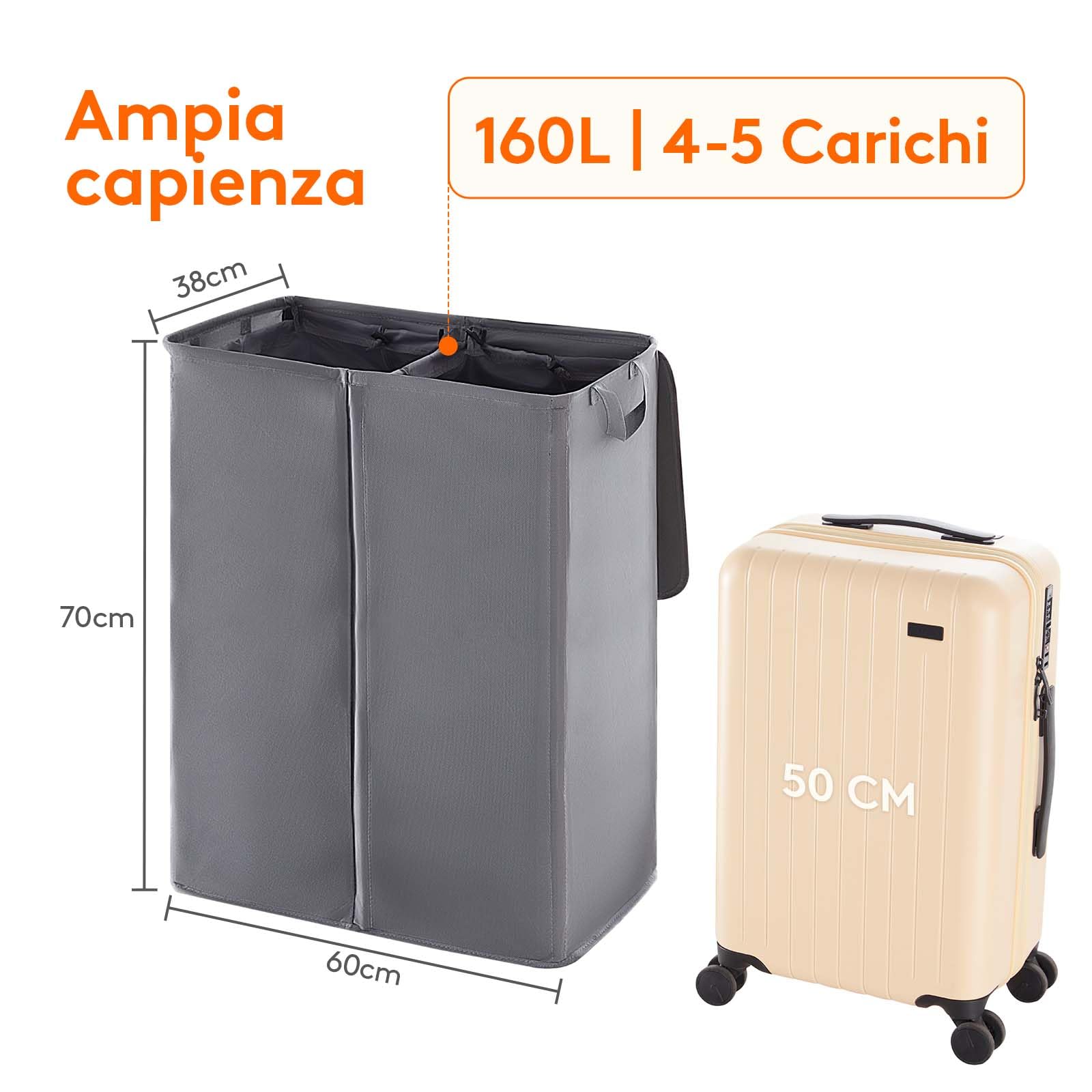Cesta Portabiancheria Lifewit 160L Doppia - Con Sacchi Rimovibili E Coperchio | Grigio Per Bucato