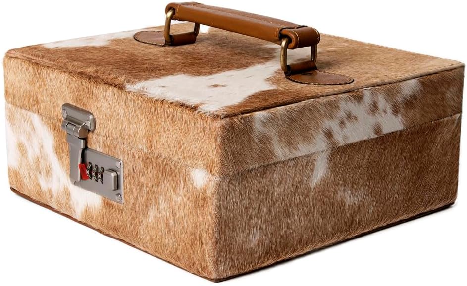 American Darling Jewelry case for Women - Hair-On Cowhide Genuine Leather Travel Organizer with Lock & Top Handle