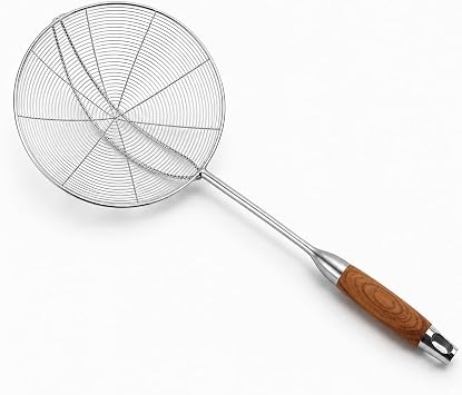 Spider Strainer Skimmer Spoon with Wooden Handle Stainless Steel Deep Fry Strainer for Tempura, Frying, Hot Pot & Pasta Heat Resistant Kitchen Skimmer Spoon