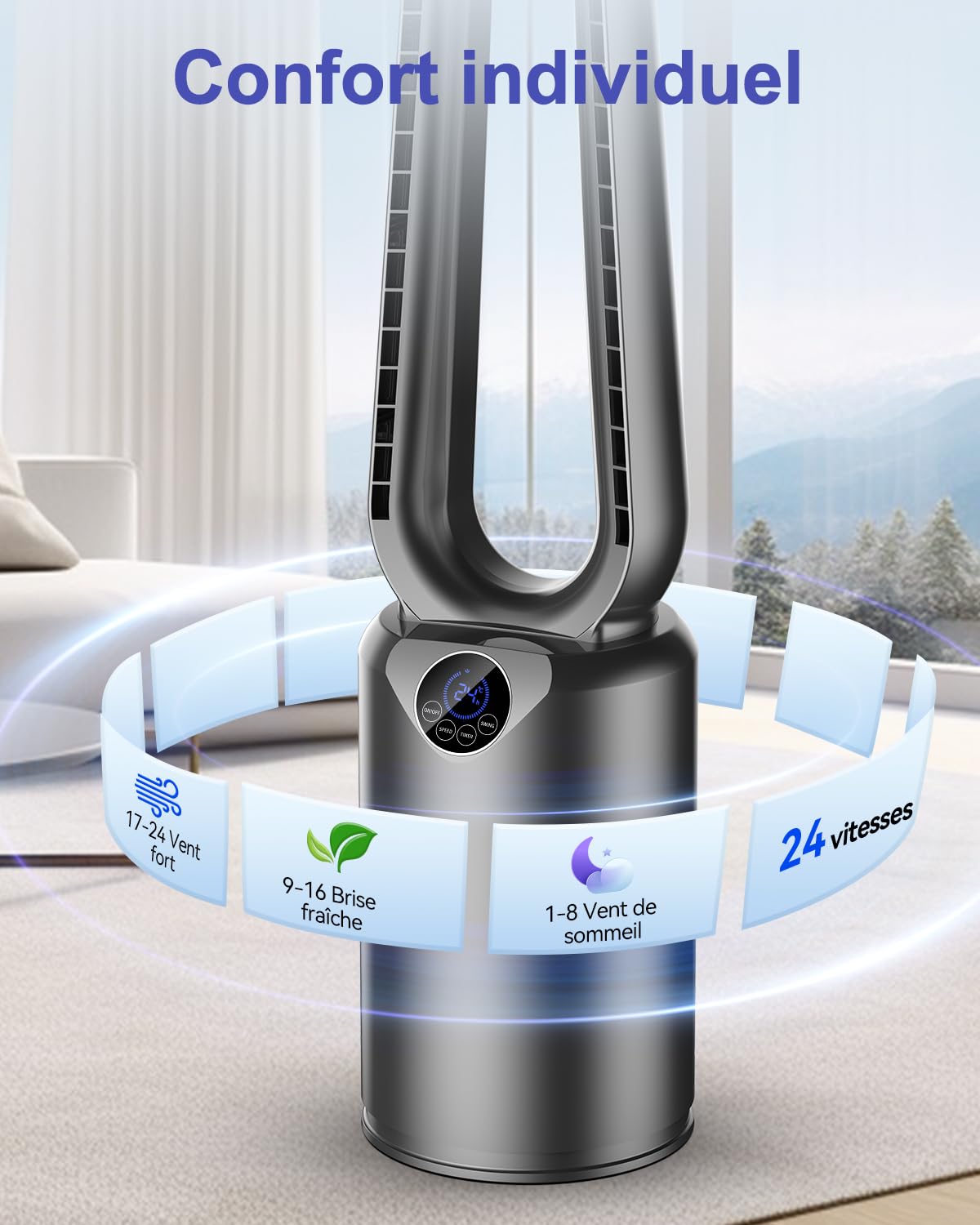 Ventilateur Colonne Sans Pales 85 cm - Ventilateur Tour Silencieux 20dB avec 24 Vitesses, Vitesse Maximum 9,7 m/s, Oscillation à 90°, Minuterie 12H, Télécommande et Tactile pour Grande Chambre
