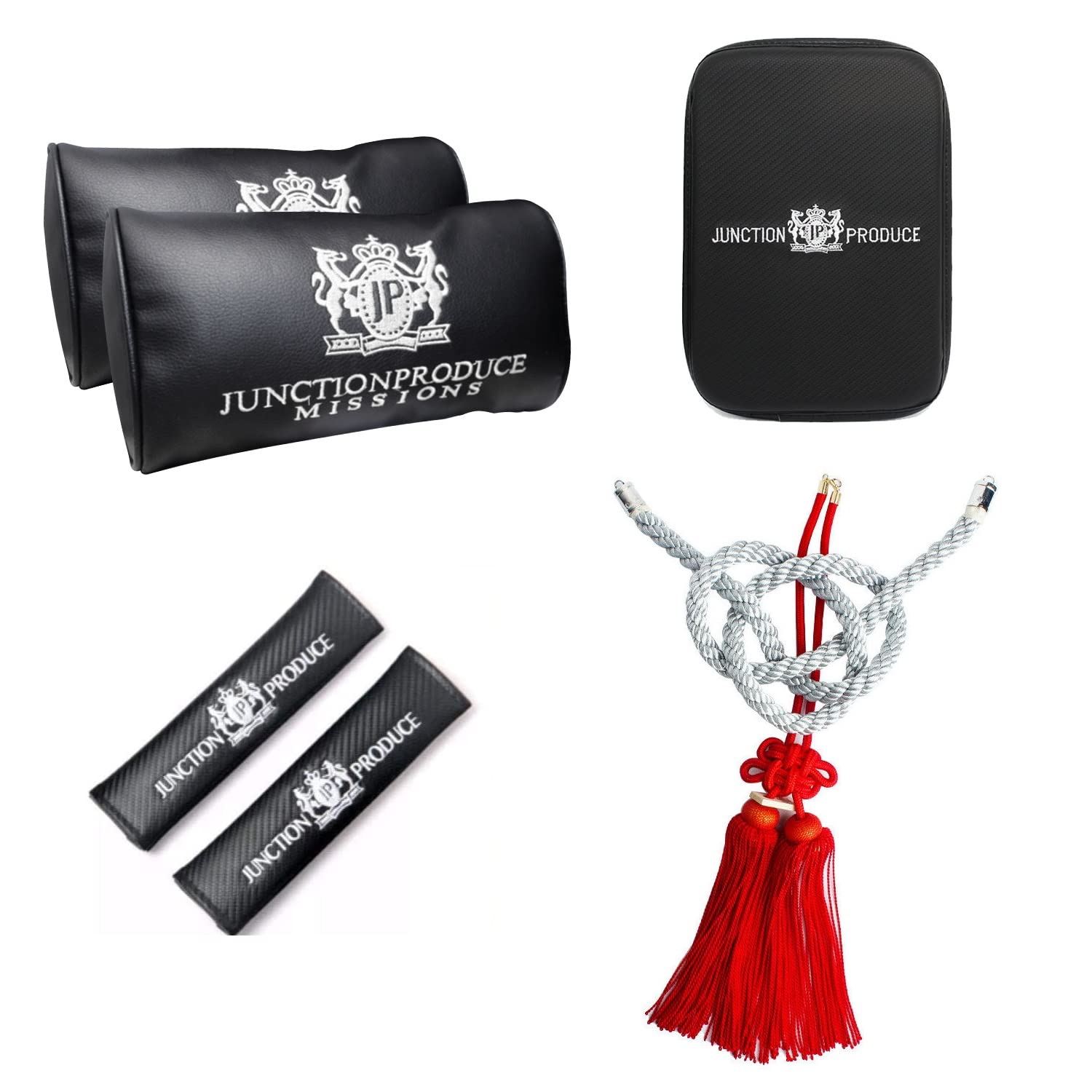 JUNCTION PRODUCE VIP Car Neck Pillow Headrest+Charm Kin Tsuna Rope Silver/Red+Shoulder Pad+Armrest