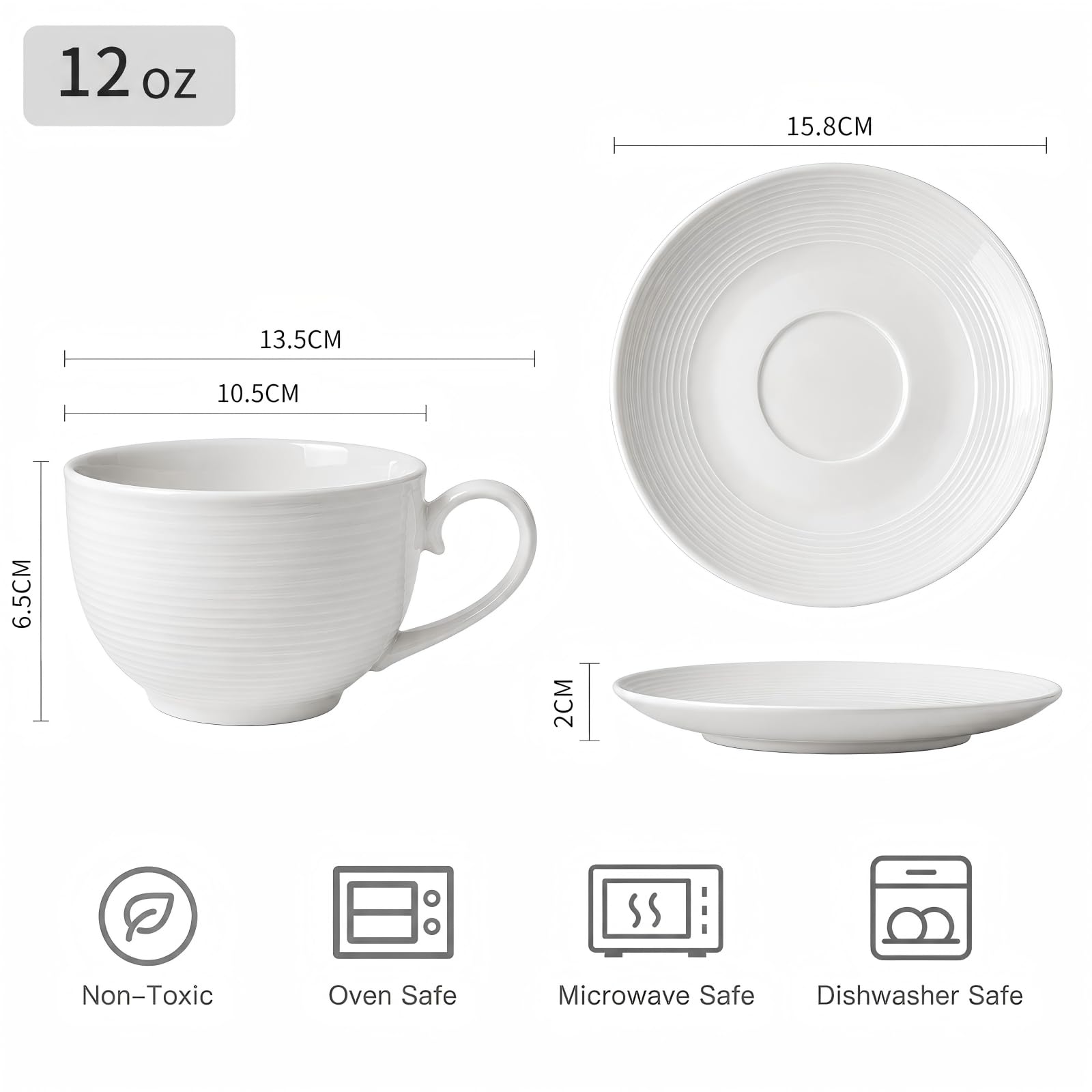 Juego de 4 tazas de café con platillos, tazas de capuchino (12 onzas), tazas de té blanco de cerámica con platillos, aptas para microondas y lavavajillas, para el hogar, cafetería