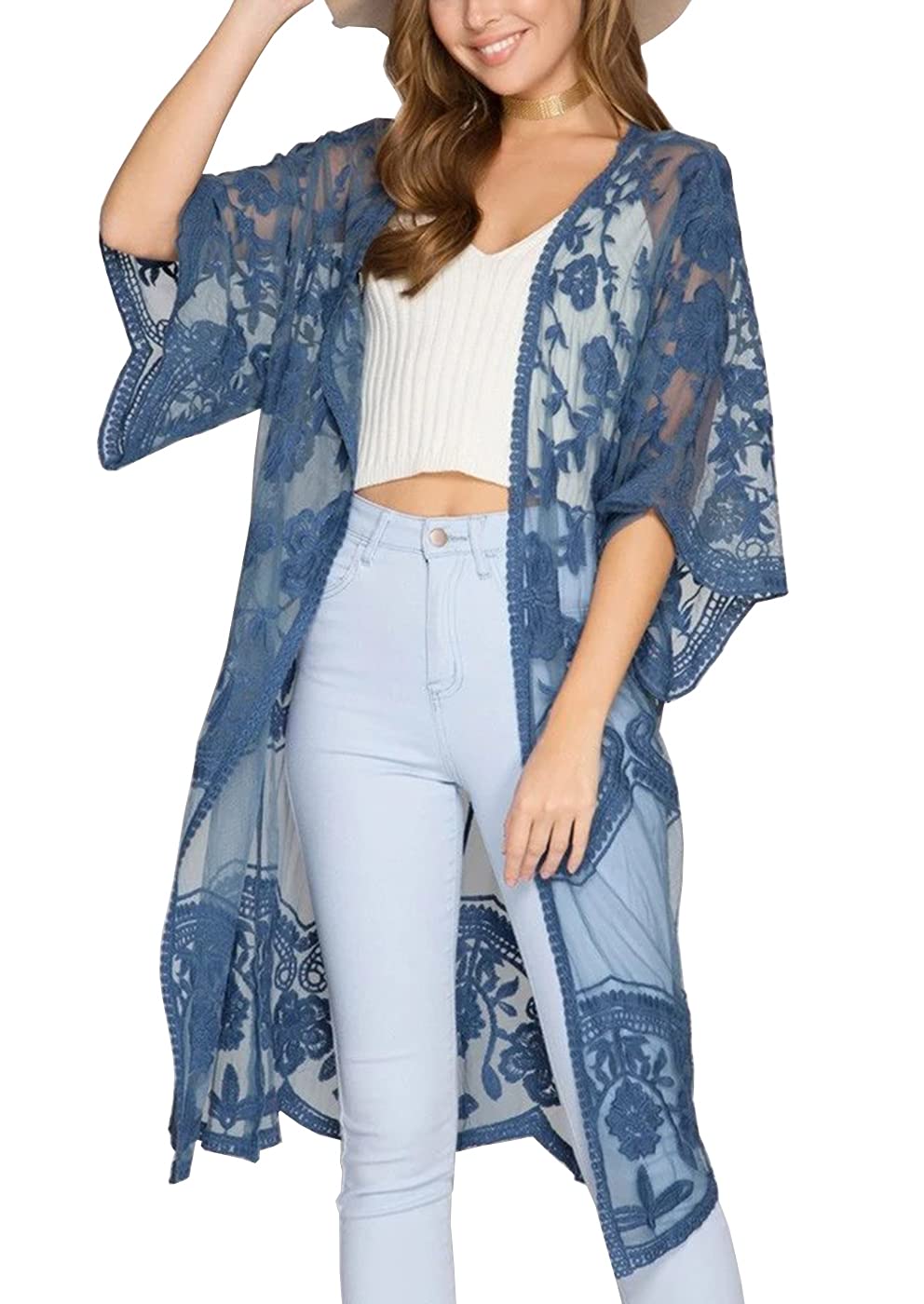 FaroDorWomen Lace Flowy Open Kimono Cardigan Boho Style Long Beach Cover Ups