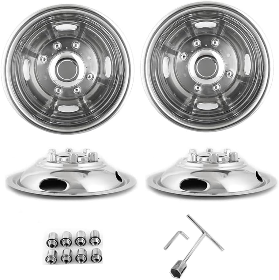 17" Polished Stainless Steel Wheel Simulators Fit for 2005-2025 Ford F350 Dually, 4pcs Nice Looking and Durable Bolt On Wheel Cover, 8 Lug 4 Hand Hole Hubcaps with Installation Tool Kit