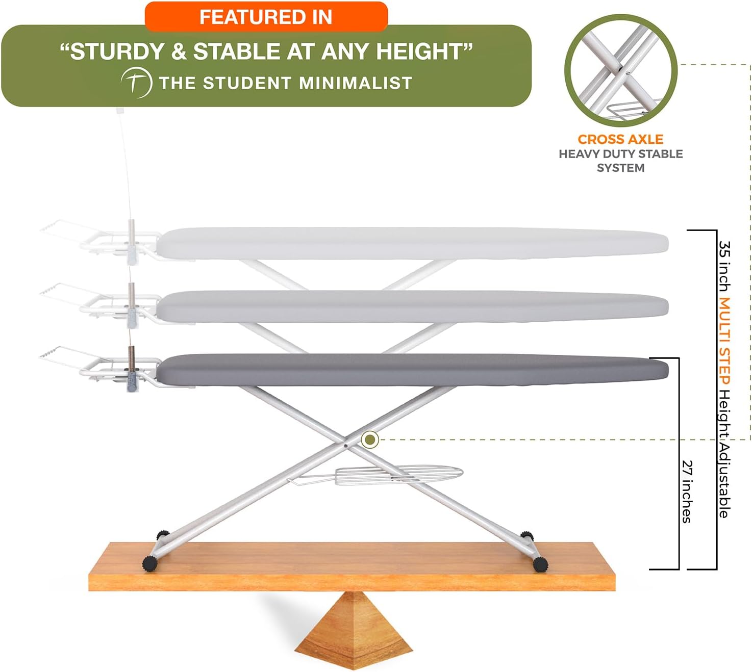 Xabitat Full Size Ironing Board 54" X 13" with Wall Mount Hanger, Full Metal Construction Iron Board, Built in Iron Caddy, Heat & Scorch Resistant Fabric, Cord Holder, Anti-Skid Feet, Heavy Duty