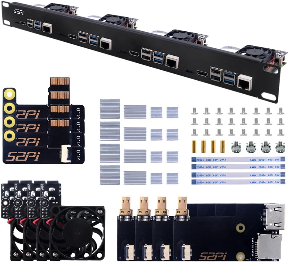 GeeekPi 1U Rack Kit for Raspberry Pi 4B, 19" 1U Rackmount Supports 1-4 Units with 4pcs Raspberry Pi Fans, Aluminum Heatsinks, Micro HDMI to HDMI Boards, TF Card to FPC Boards for Raspberry Pi 4B