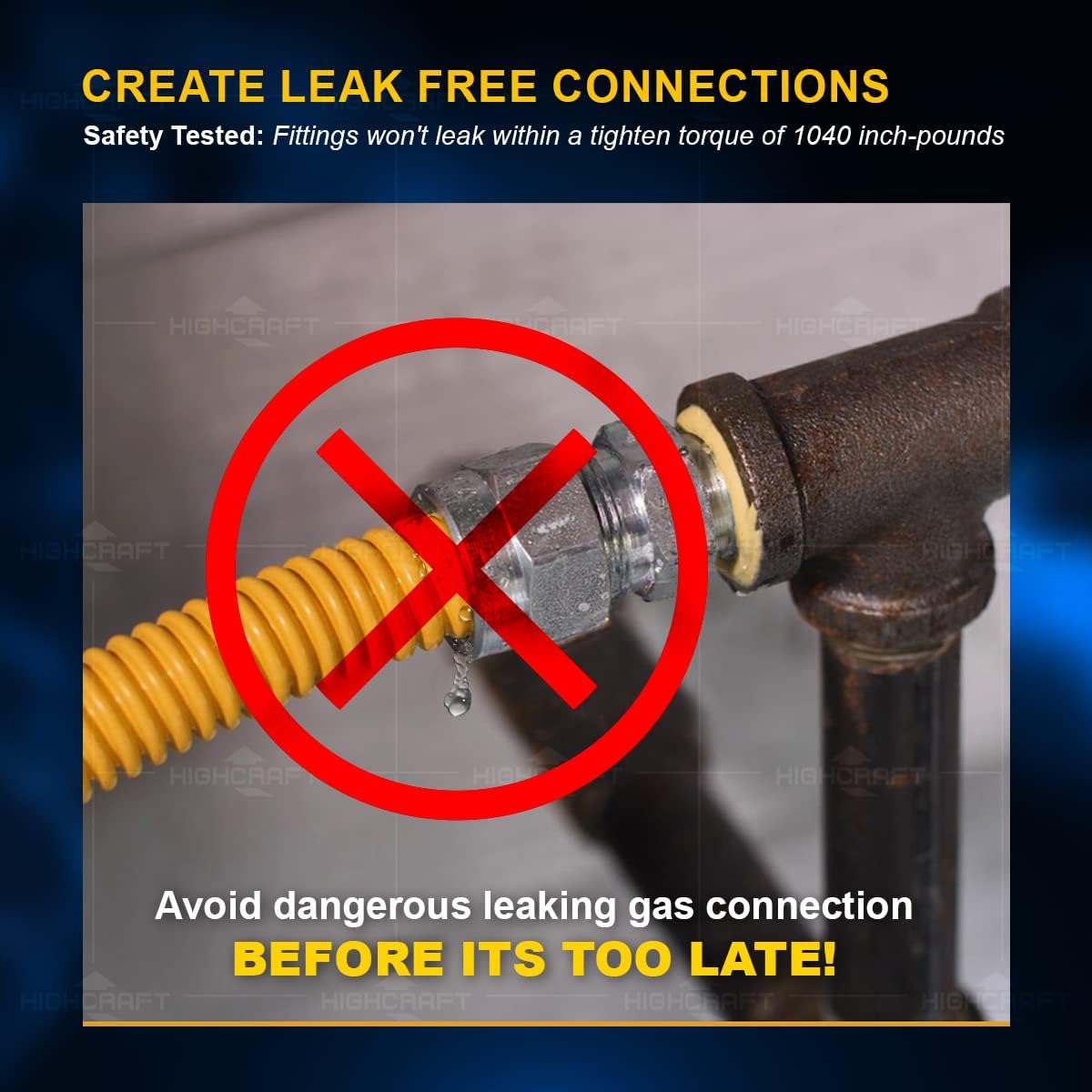 Highcraft GUHD-ZD38-60C Gas Line Hose 1/2'' O.D. x 60'' Length with 0.5 in. FIP Fitting, Yellow Coated Stainless Steel Flexible Connector, 60 Inch