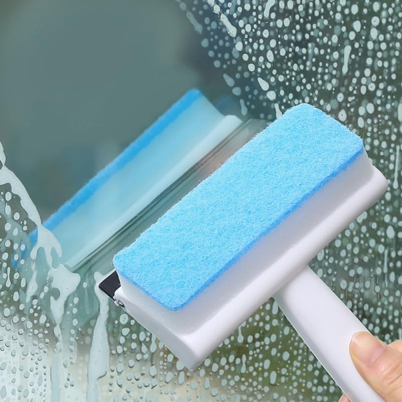 Image of Baluue Double-Sided Window Cleaner 2-in-1 Squeegee and Scrubber Sponge for Car Windshield Mirrors and Shower Tiles 7.28 Inch Handheld Glass Cleaning Brush