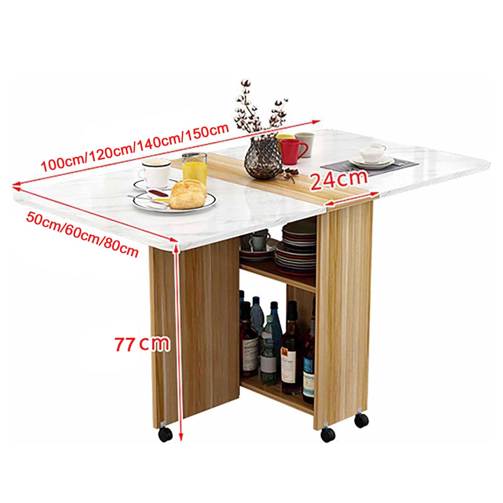 Table de salle à manger pliante en noyer avec roulettes, design abattant, gain de place, étagères de rangement ouvertes, idéale pour la cuisine et la salle à manger (140 x 80 x 77 cm)