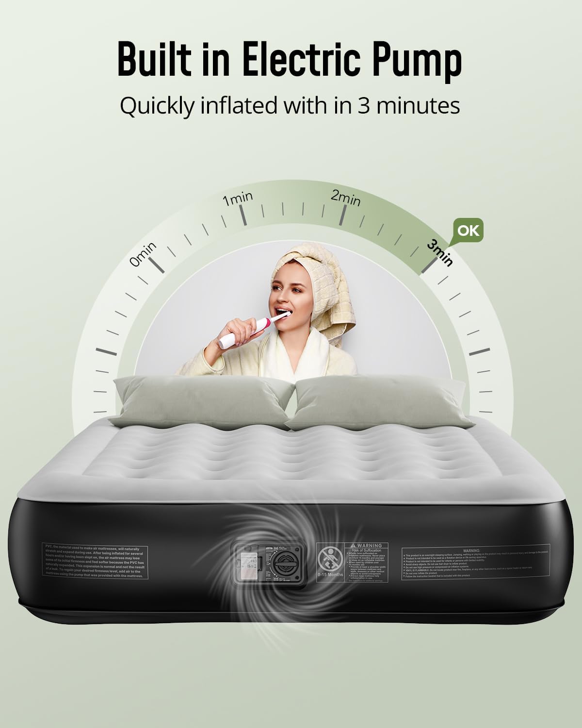 Airefina Queen Air Mattress with Built-in Pump 13", Comfort Blow up Mattress in 3 Mins Inflation/Deflation, Queen Size Inflatable Bed with Flocked Top for Camping, Home, Guest, Portable 80x60x13in