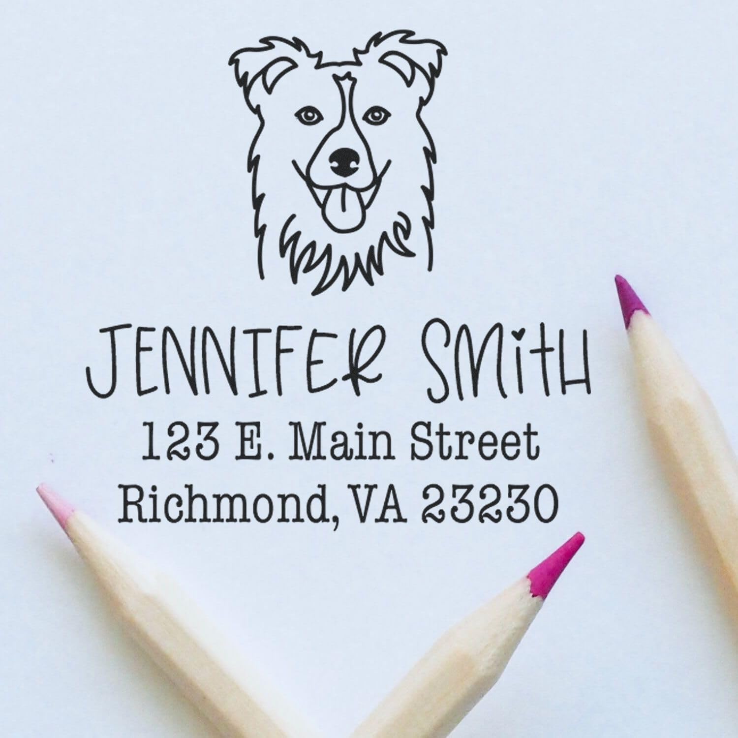 Personalized Collie Dog Address Stamp Modern Self-Inking Name Tags | Custom Return Mailing Labels for Letters & Packages | Square 1-5/8 PSI Stamper for Dog Lovers & Home Office Organization