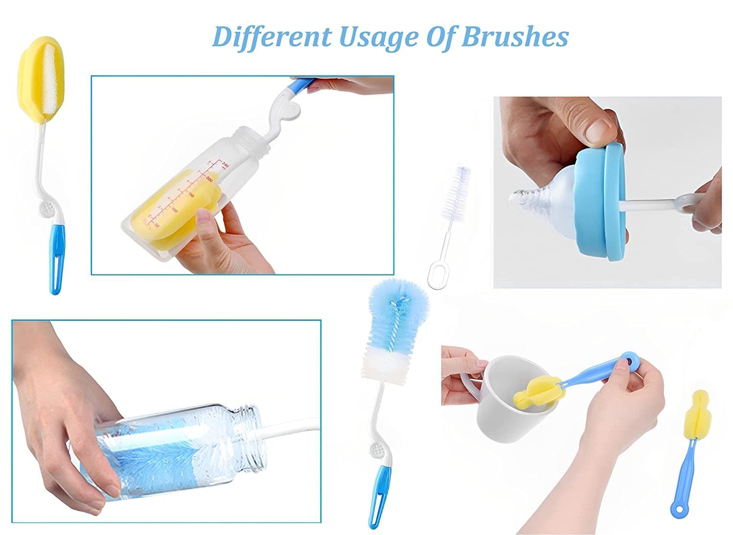 RRJ 5 Pcs Baby Milk Bottle Nipple Straw Brush Sponge Nylon Cleaning Brush Cleaner Bottle Set Cleaning Brush Kit 5 in 1 Kit (Assorted Random Multi Color, 5 Pcs Set) 1