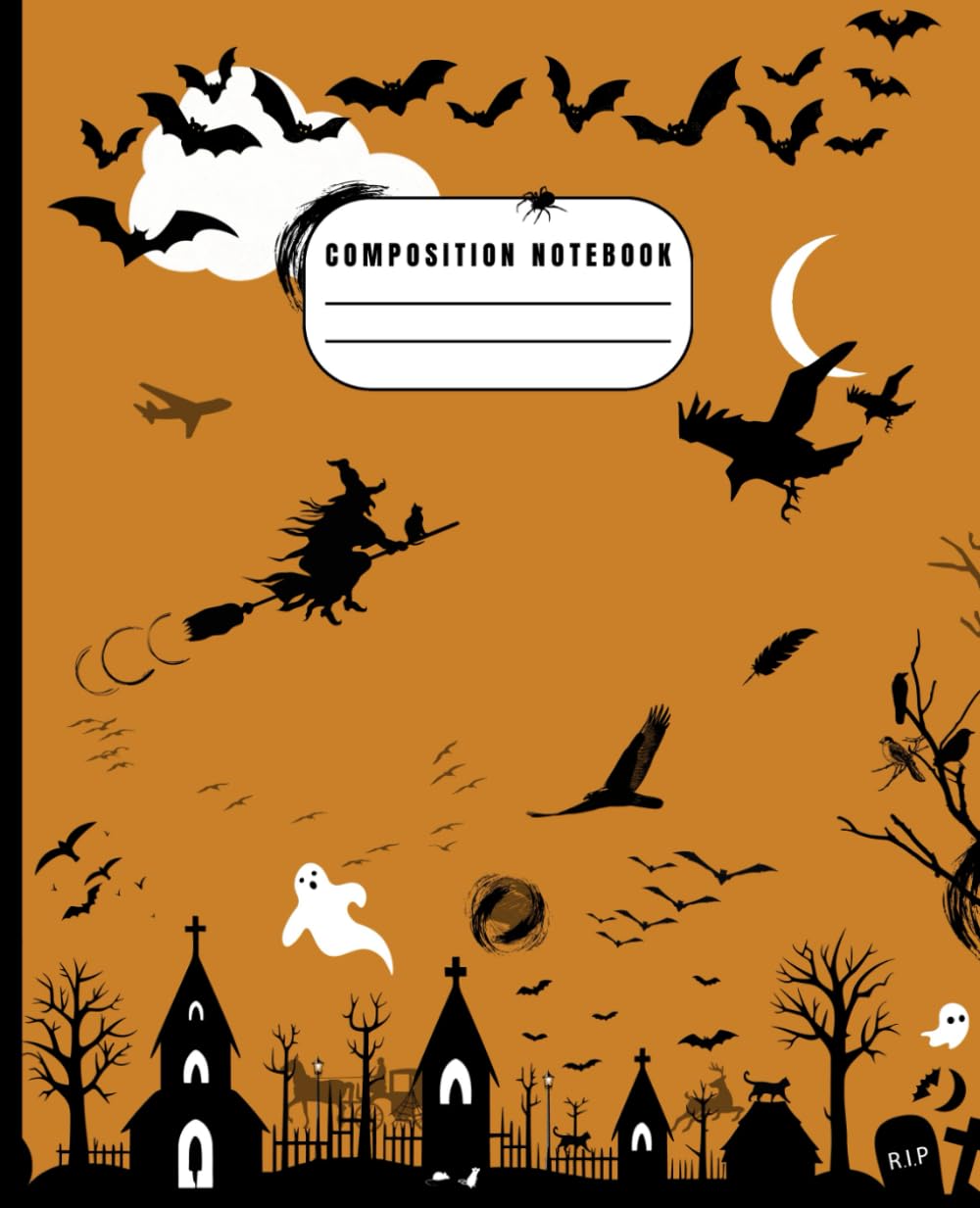 Halloween Night Composition Notebook: Pumpkin Tone Subdued Aesthetic Spooky Vibes Journal for Creepy & Personal Stories | Moderate Design Composition Book with Black Cats, Crows, Ghosts & Haunted Huts