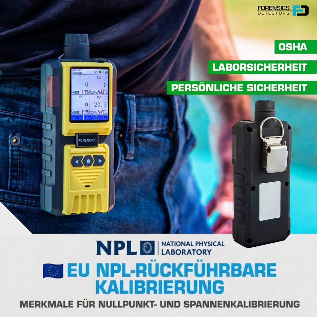 4-Gas-Messgerät mit Pumpe und Sonde | EU-Kalibrierzertifikat | Integrierte Pumpe und 4-Fuß-Sonde | Sauerstoff (O2), Kohlenmonoxid (CO), Schwefelwasserstoff (H2S), EX%UEG