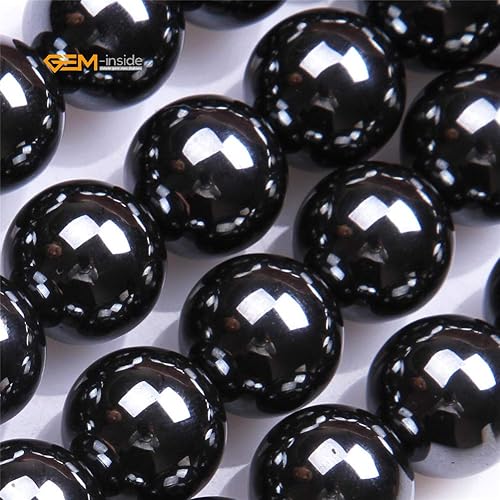 Miniatura 2 de GEM-Inside - Cuentas sueltas de hematita negra natural no magnética de 0.55 pulgadas, cuentas redondas de energía para fabricación de joyas, 15