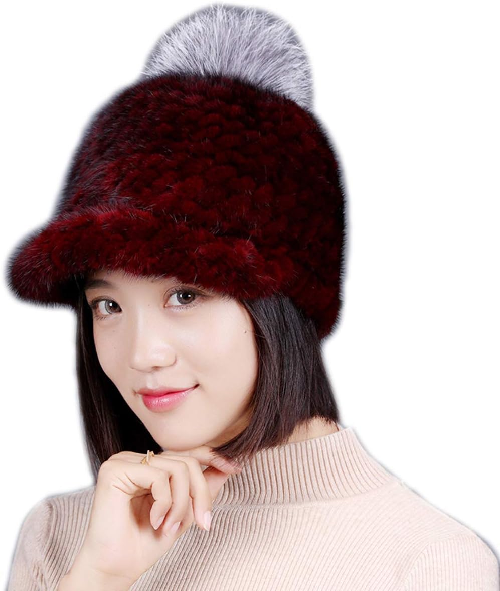 Women's Real Mink Hair Hat with Real Fox Hair Ball Pompom Winter Warm Visor