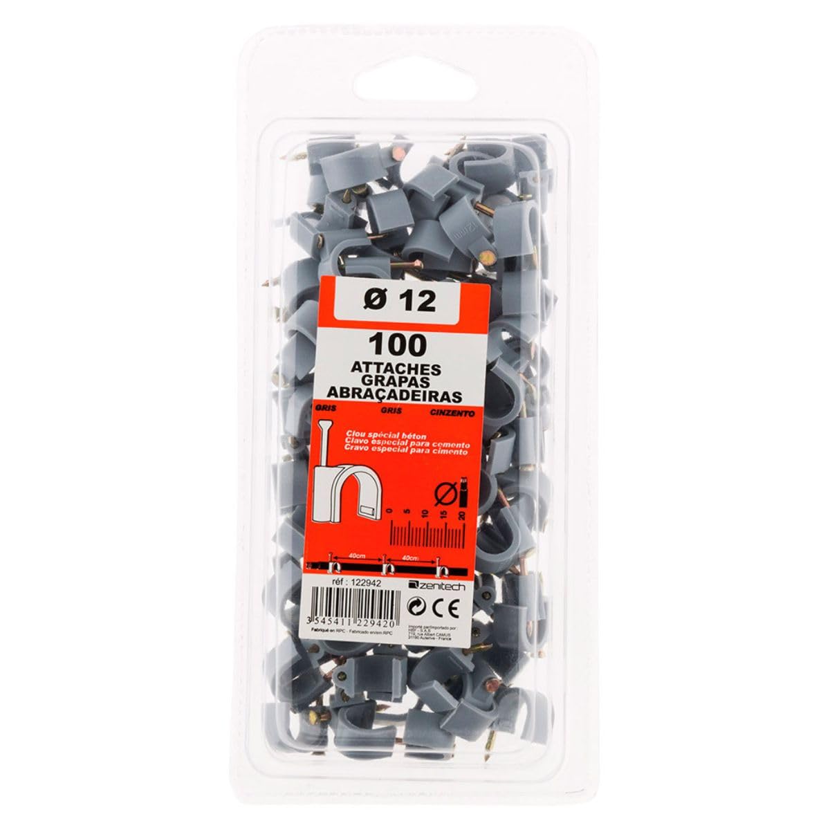 Zenitech - Ganci di Fissaggio Ø12mm - Confezione da 100 - per Cavi e Guarnizioni su Superfici Solide - Plastica di Alta Qualità - Chiodo Speciale per Calcestruzzo Inclusa - Certificato CE - Grigio