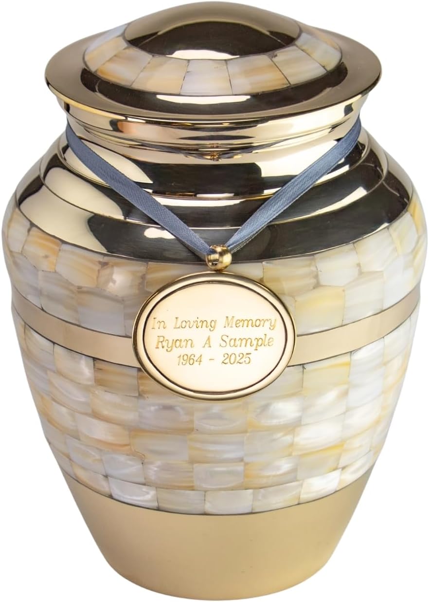 Custom Engraved Mother of Pearl Double Band Brass Cremation Urn for Ashes, Gold Urn, Adult Sized Cremation Urn, 9.75 Inches High