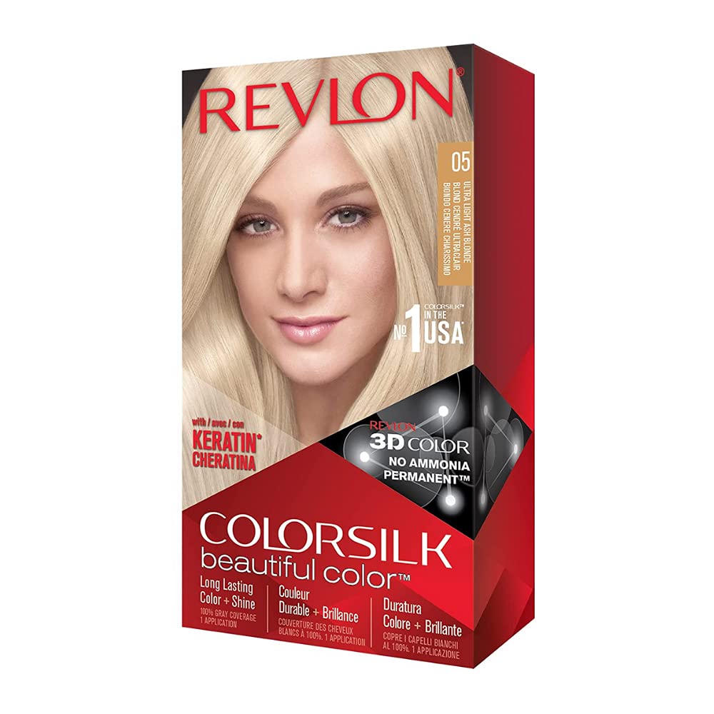 Revlon Permanent Hair Color, Permanent Hair Dye, Colorsilk with 100% Gray Coverage, Ammonia-Free, Keratin and Amino Acids, 05 Ultra Light Ash Blonde, 4.4 Oz (Pack of 1)