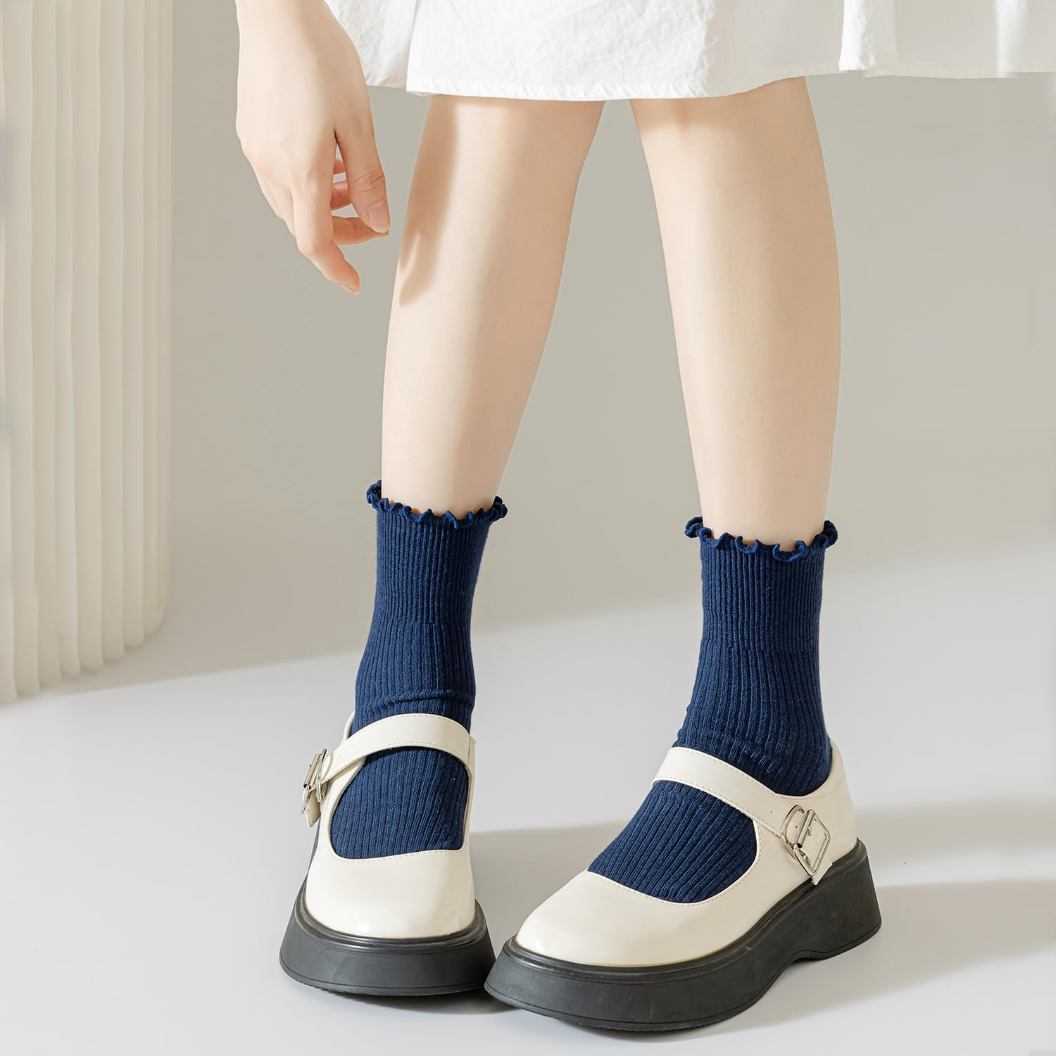 Mcool Mary Women's Ruffle Socks,Casual Cute Ankle Breathable Knit Cotton Soft Frilly Crew Socks for Women 6 Pack: 5-9 6colors(blue+grey+dark Blue+white+milk White+black)