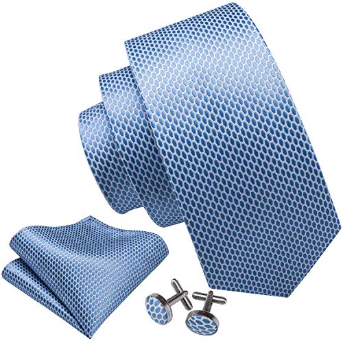 Image of Barry.Wang Plaid Ties Check Mens Necktie Set with Handkerchief Cufflinks Classic Stripe