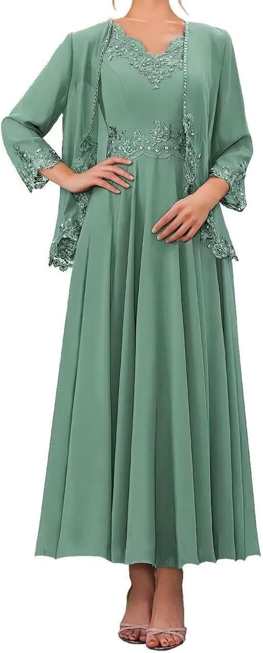 Chiffon Mother of The Bride Dresses with Jacket 2 Pieces 3/4 Sleeve Lace Formal Evening Dresses for Wedding