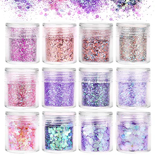 Camelize 12 Stück Nagel Glitzer Face Glitter Chunky Glitter Glitzer Sequin Glitzerpuder Nagel Dekoration, Make-Up Glitzer für Musik Festival,Geburtstagsfeier, Masquerade Party Cover