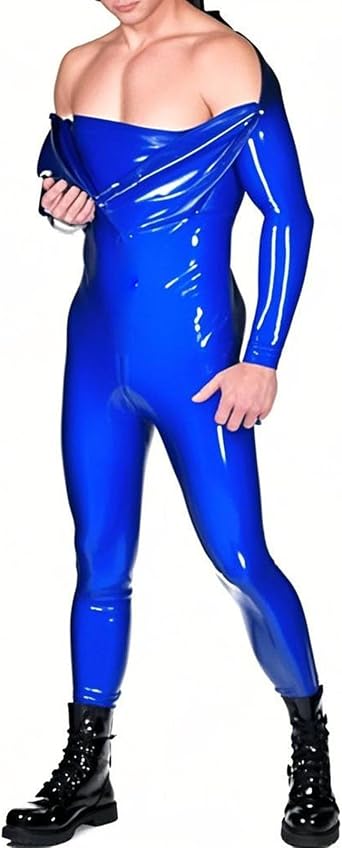 Mens Wetlook Shoulder with Zipper Bodysuit Full Body Leotard and Long Sleeve PVC Catsuit