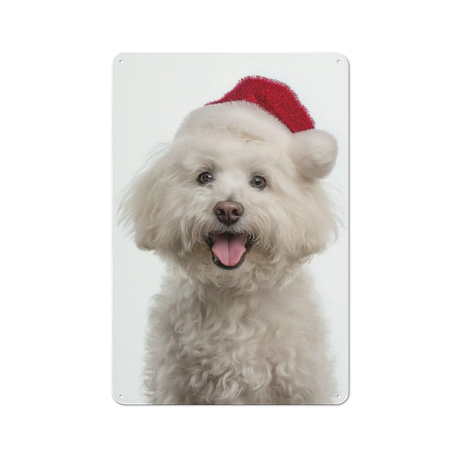 Junmoney Bichon Frise Dog With Santa Hat Portrait Tin Wall Plaque 30X20cm With For Living Room Or Hallway, For Garage, Workshop And Man Cave Decoration