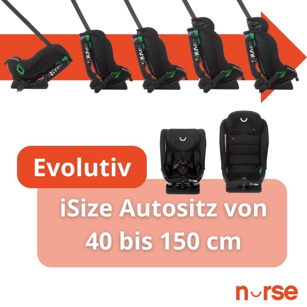 Nurse Traffic Kindersitz i-Size 40-150 cm, 0-12 Jahre, Ohne Isofix, Rückwärtsgerichtet, Verstellbar, mit Neugeboreneneinsatz, Gurtinstallation, Grau