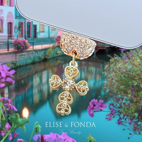 Miniatura 2 de ELISE & FONDA CP497 Puerto de carga USB Crystal Anti Dust Plug Little Cross Phone Charm para iPhone 131211XS MAXXRX8 Plus76S8SE iPad iPod (dorado),