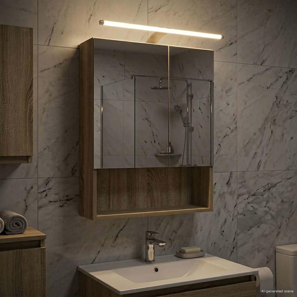 Szafka łazienkowa z lustrem Sonoma z drzwiami, 50 x 14,5 x 70 cm, materiał drewnopochodny, montowana na ścianie, z paskami LED, dwa regały, miejsce do przechowywania i dwukierunkowe lustro do