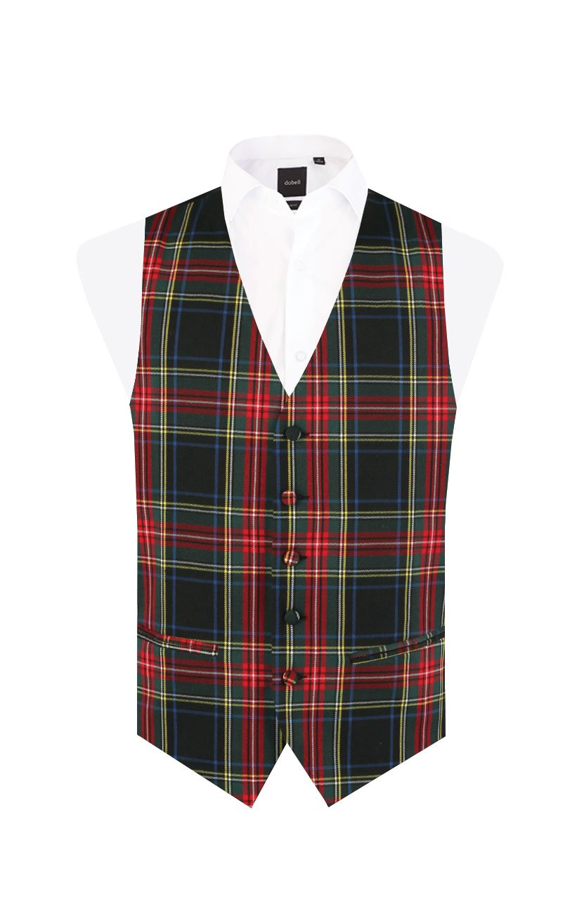 DobellMens Green Tartan Vest Regular Fit 5 Button Waistcoat