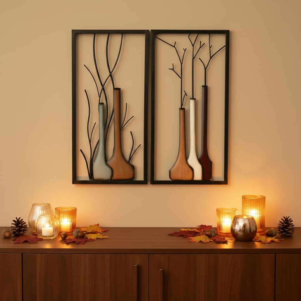 MF 2-teiliges 3D Wandbilder Set Vase je 80 cm schwarz-braun Herbst Deko Handbemalt Metallbild Wandrelief für Küche, Beige 80 x 40 cm 2024 Premium Edition