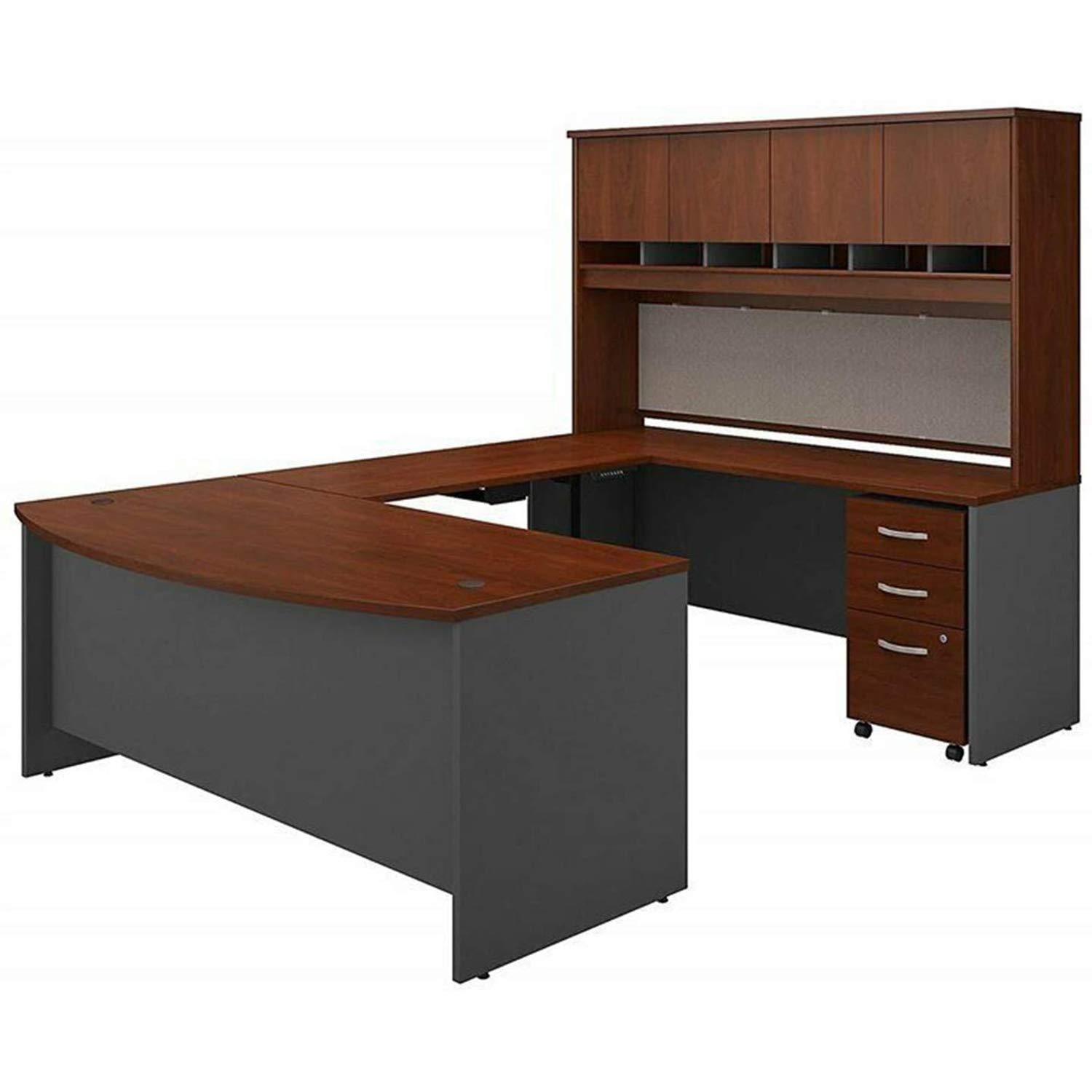 Cherry Executive U-Shaped Desk Computer Study with Hutch Writing PC Laptop Workstation Gaming Drawer File Cabinet Furniture Home