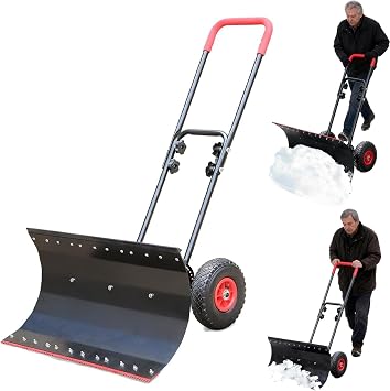 Snow Shovel with Wheels, Snow Push Shovel for Snow Removal & Ice, Dual-Sided Blade, Adjustable Angle & Height Handle Double Rod-W 29