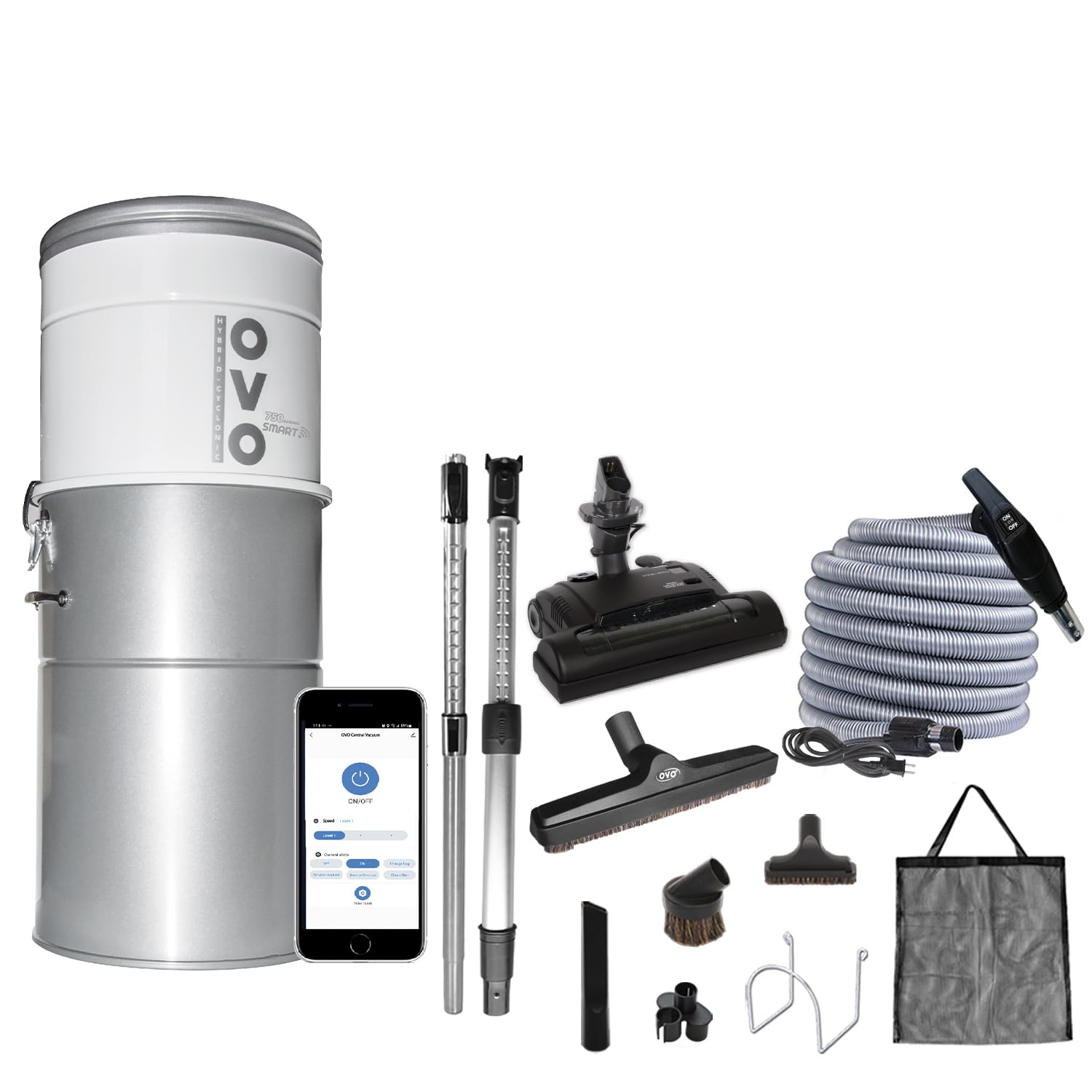 OVO 750 AW Smart Central Vacuum System-Conventional & Smart App ON/OFF Control and more-Soft Start/Stop, 3 Suction Levels & Voice Control Hybrid Filtration, + 30ft Carpet Deluxe Accessory kit Included