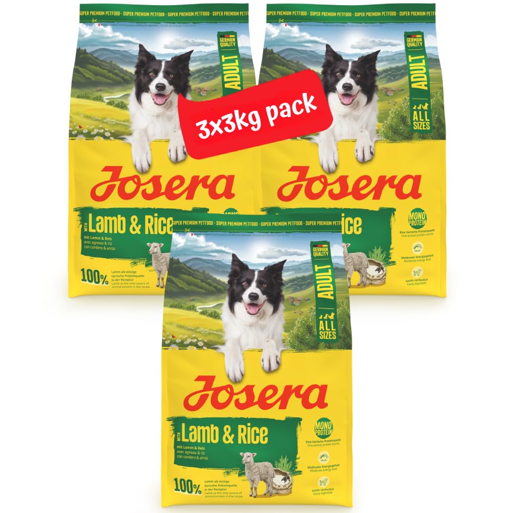 Josera Adult Lamb & Rice | Complete dry dog food for all breed sizes | Single meat protein | Low fat | Sensitive digestion | Gluten free | 3x3kg