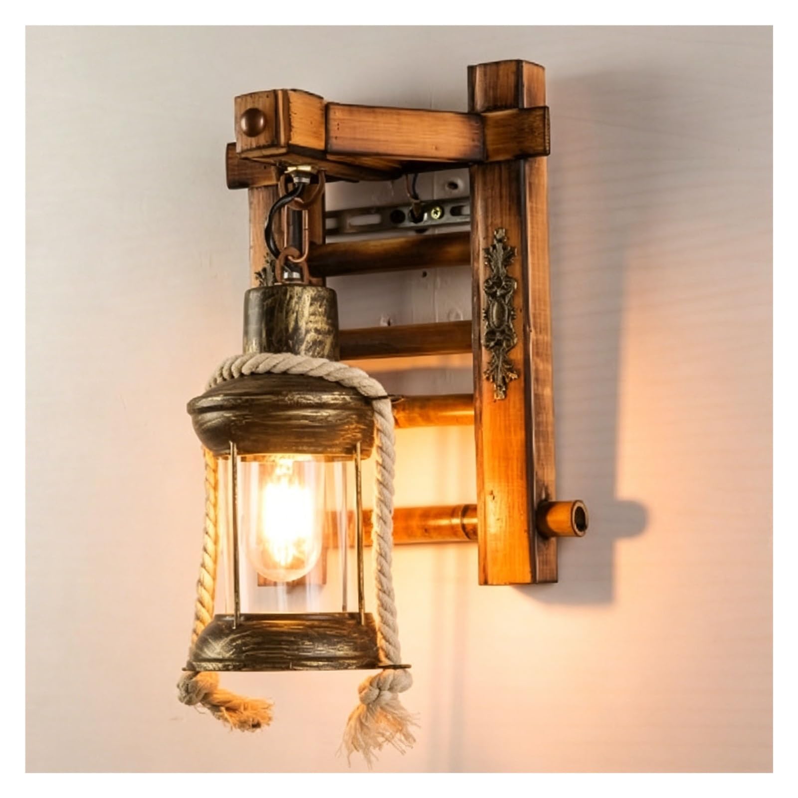 LUOYAOB Farmhouse Wood Wall Sconce Vintage Wall Lantern Glass Shade E27 Hardwired Rustic Wall Lamp Indoor Bedroom Living Bathroom Porch Entryway Hallway Wall Sconce Fixture
