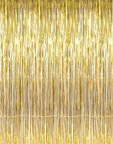 PUZINE 2pack 3.3 ft x 8 ft Metallic Tinsel Foil Fringe Curtains for Party Photo Backdrop Wedding Decor(2pack, gold)