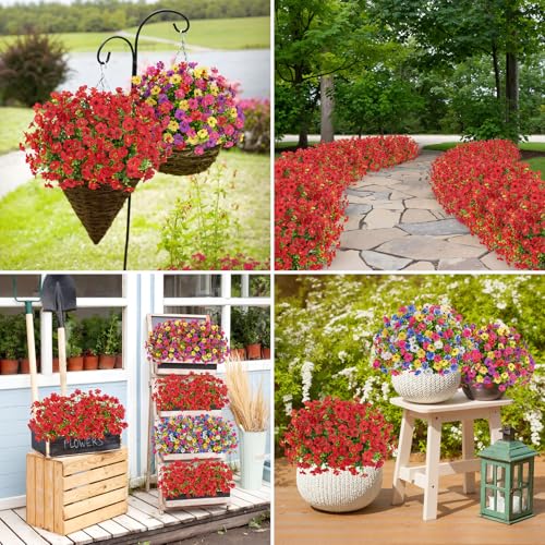 Image of Bassion 16 Bundles Artificial Flowers for Outdoors Fake Flowers, Red | UV resistant, silk flowers, realistic faux plants for outdoor planter, window box porch patio garden home outside decor