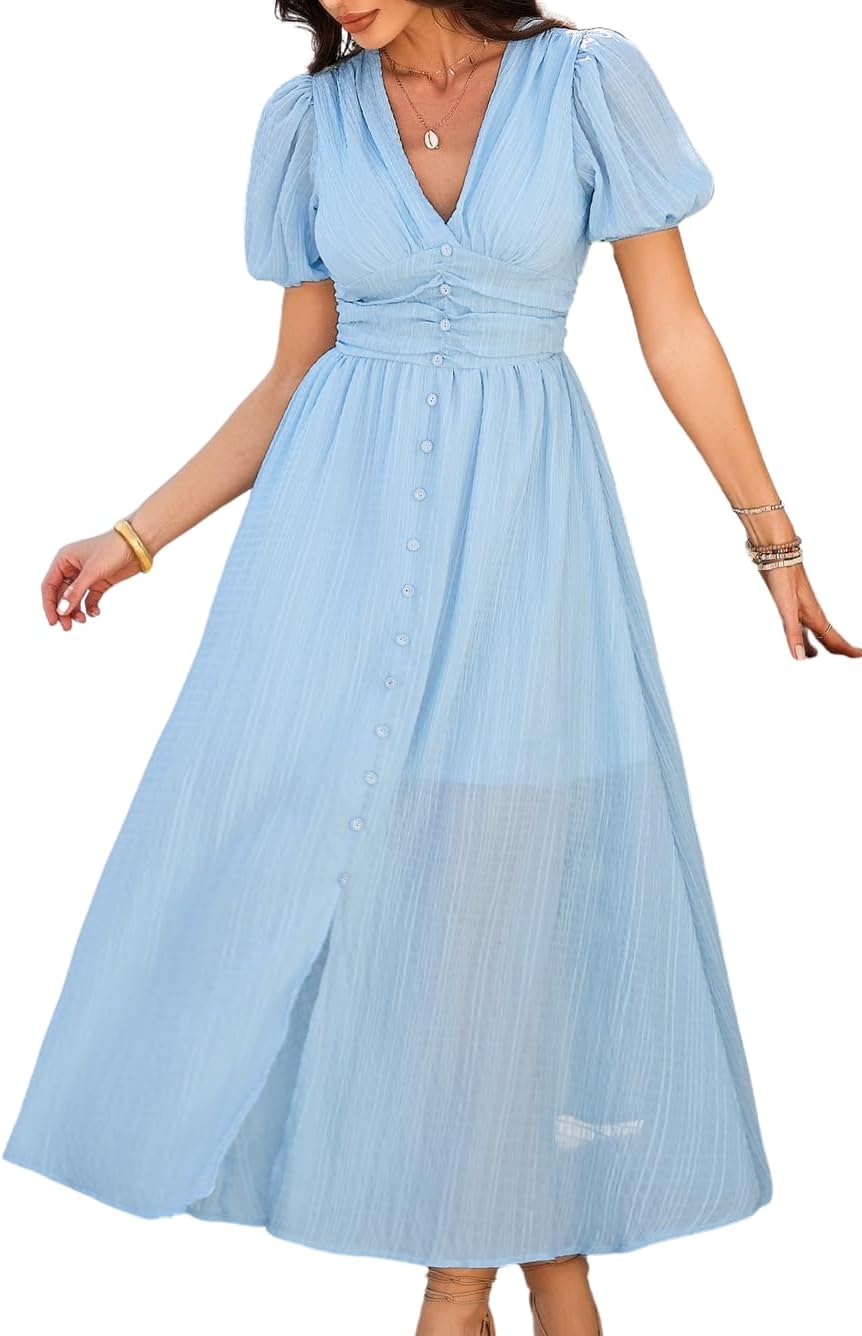 Women Casual Summer Flowy Maxi Dress, A Line Deep V Puff Sleeve Dresses, Empire Waist Smocked Wedding Guest Outfit
