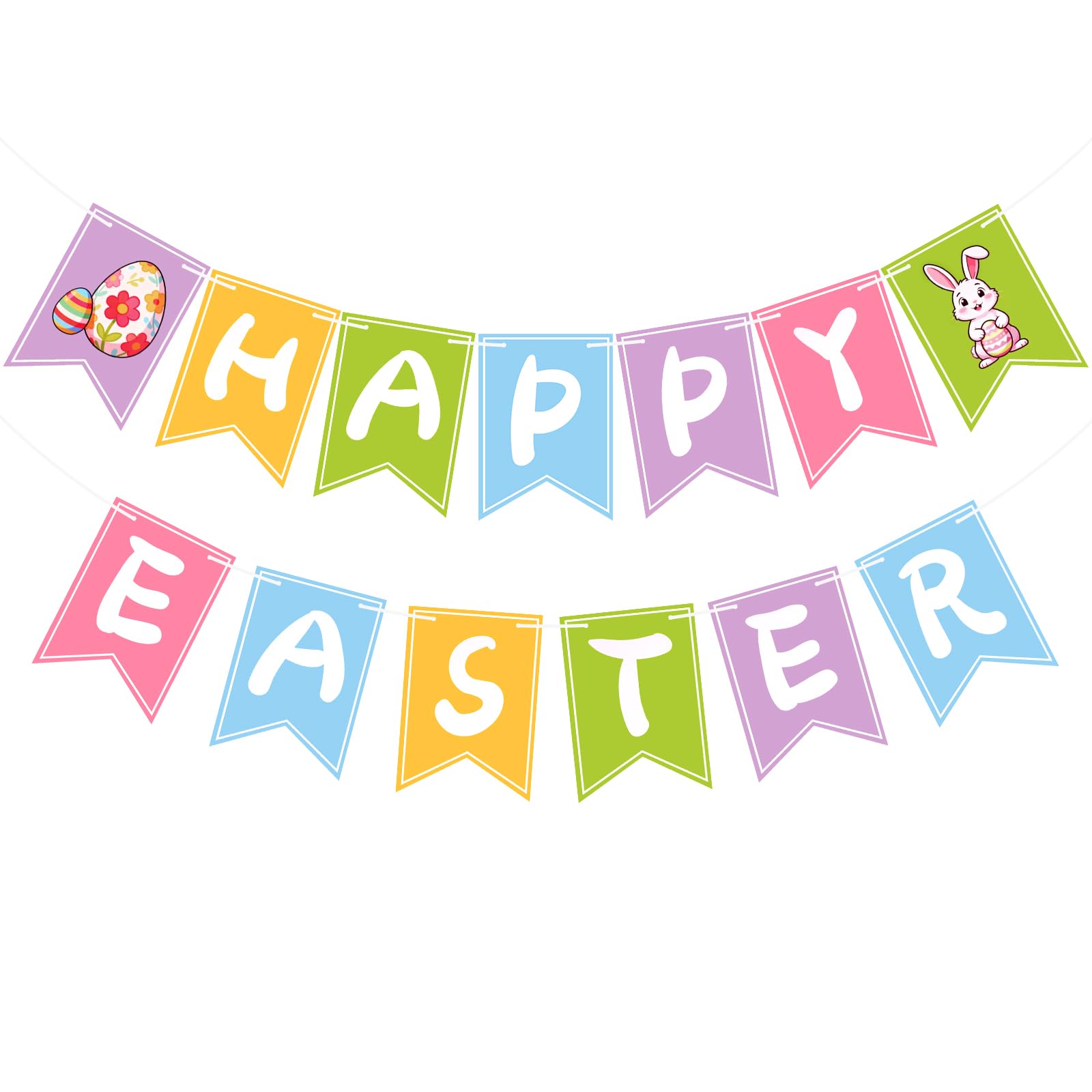 Happy Easter Banner NO DIY Paper Easter Garlands Spring Party Decorations Cute Pastel Bunny Egg Bunting for Egg Hunt Fireplace Mantle Wall Home Classroom Indoor Outdoor Backdrop Decoration