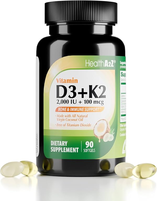 HealthA2Z Vitamina D3 + K2 (MK-7) Hecho con Aceite de Coco Virgen (MCTs Naturales) - 90 Softgels (Paquete de 1) - Ayuda a la Absorción de Calcio para Huesos, Dientes, Ánimo y Salud Inmune (2000 UI (90 unidades)), Softgel