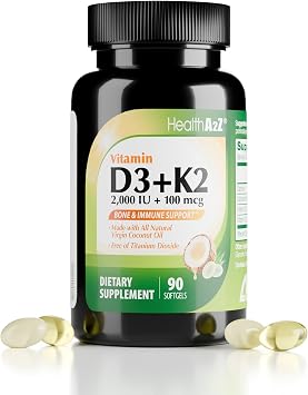 HealthA2Z Vitamin D3 2,000 IU + K2 MK-7 Made with Virgin Coconut Oil Natural MCTs - 90 Softgels Pack of 1 - Helps Calcium Absorption for Bones, Teeth, Mood & Immune Health