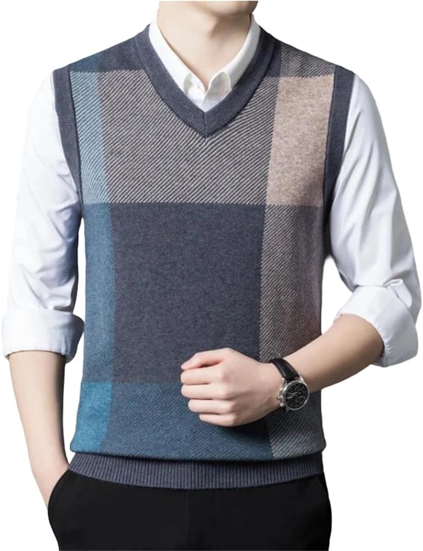 Men's Sweater Vest V-Neck Warm Plaid Sleeveless Pullover for Daily Versatile Wear Thick Jumper